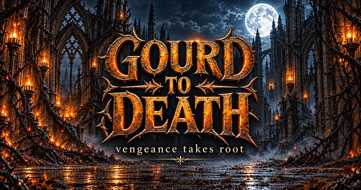Gourd to Death: Vengeance takes root. A gold logo in a moonlit Gothic cathedral.