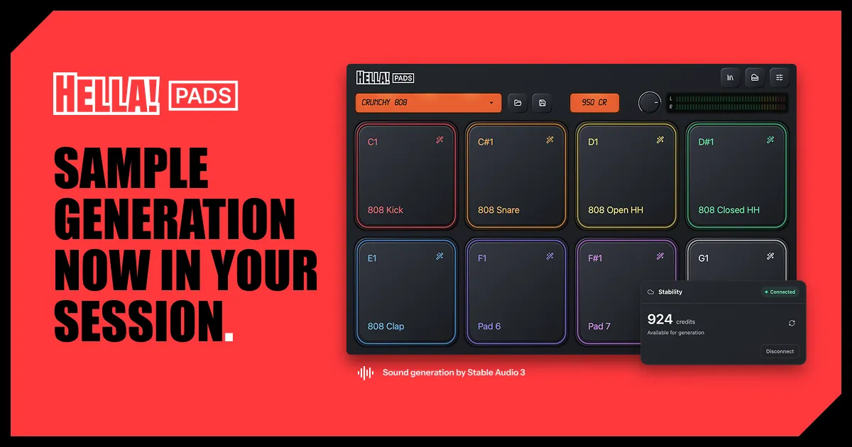 Hella! Pads interface beside the headline “Sample generation now in your session.”