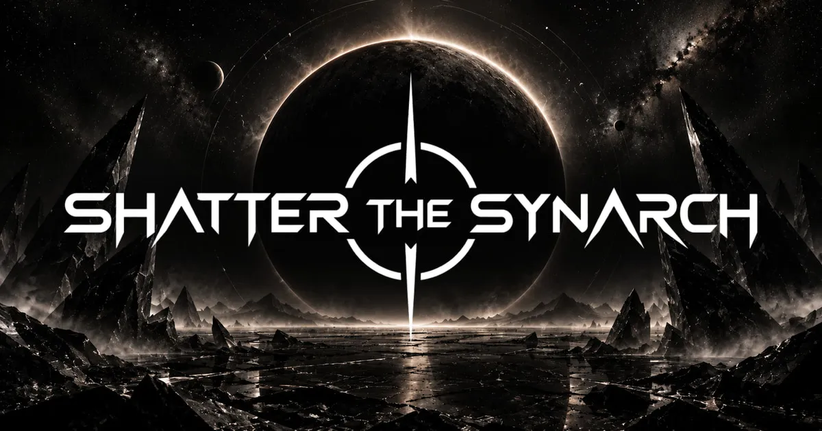 Shatter the Synarch wordmark over a dark eclipse, framed by black obsidian spires.