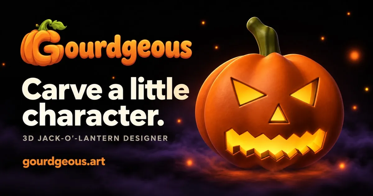 Gourdgeous: Carve a little character. A glowing orange jack-o’-lantern surrounded by purple mist and embers.
