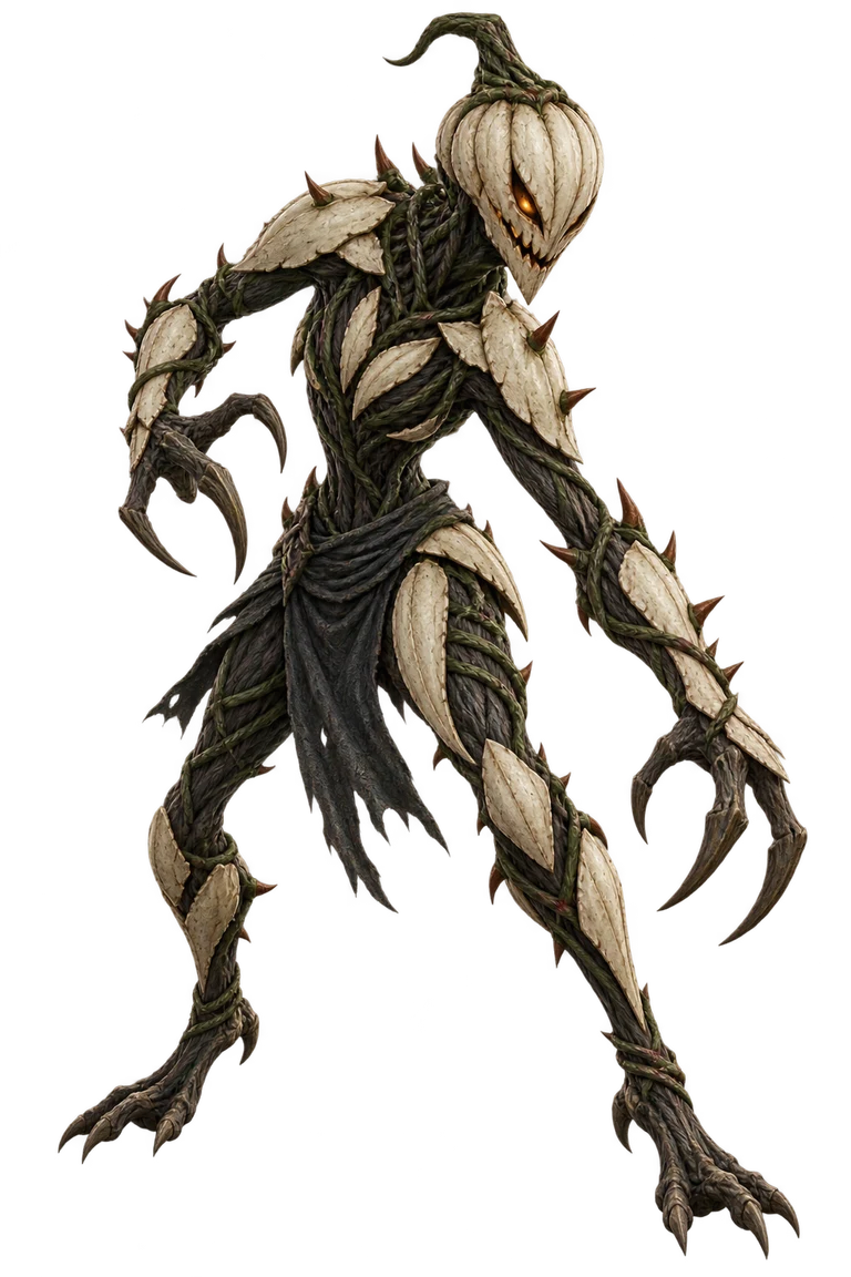 Briarthorn character artwork: a slender white pumpkin monster with thorn-covered limbs and long claws.