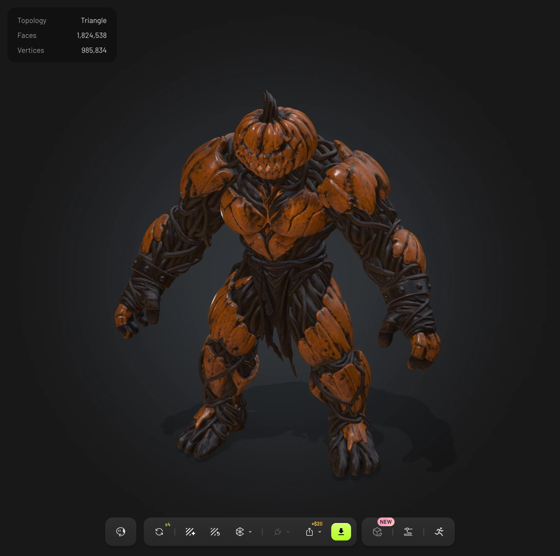 Cinderjaw’s textured model in Meshy, with orange pumpkin armor, dark vines, leather cuffs, and worn cloth.