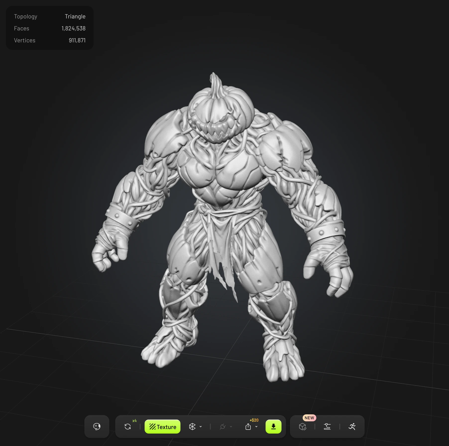 Cinderjaw’s untextured model in Meshy, showing the carved pumpkin face, layered armor, vines, and cloth in a neutral gray material.