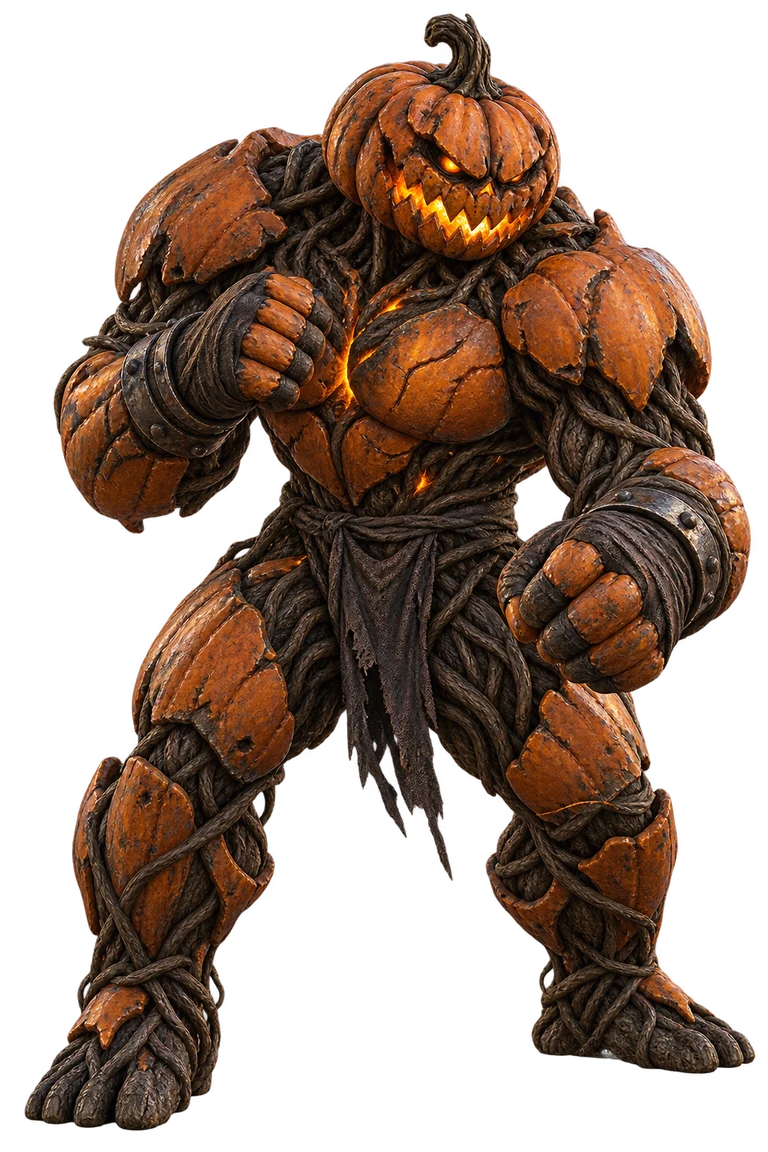 Cinderjaw character artwork: a broad orange pumpkin monster with armored fists and glowing cracks.