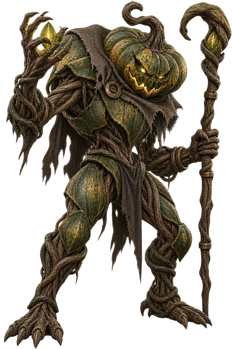 Hexgourd character artwork: a green pumpkin monster in ragged cloth holding a twisted wooden staff.