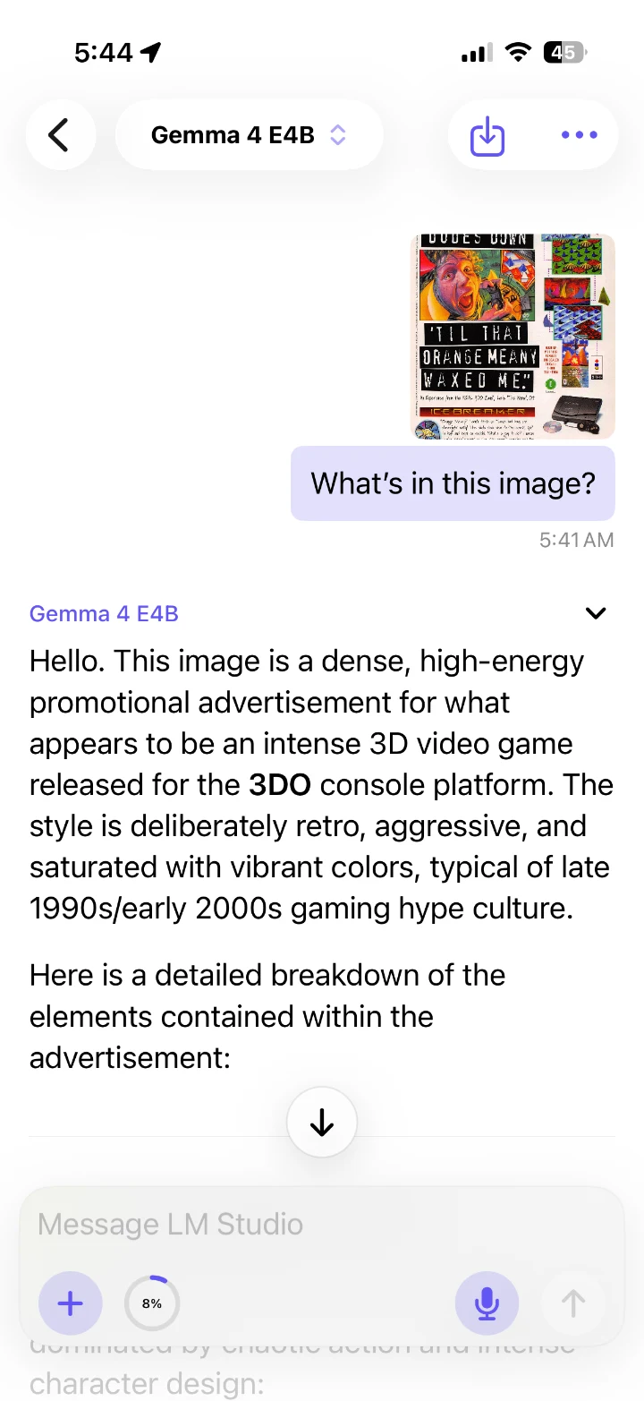LLMster's iPhone chat screen with an image attachment, a model response, and the floating composer.