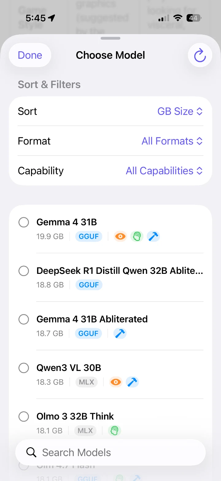 The model picker showing sizes, GGUF and MLX formats, capability icons, and sorting and filtering controls.